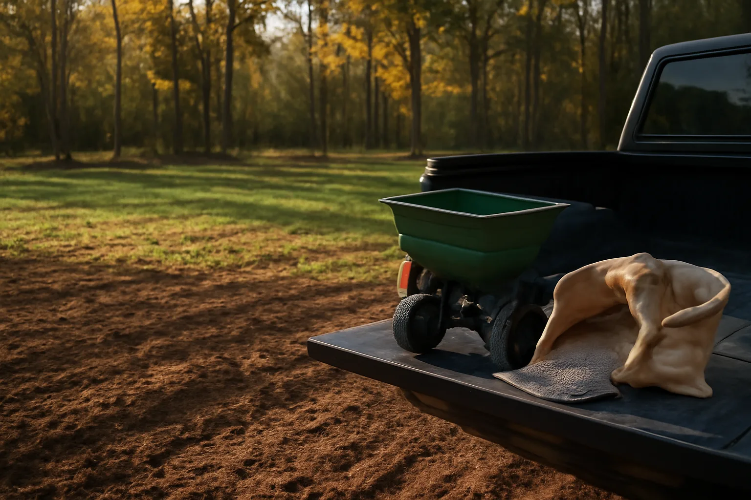 Seed bags and spreader on a truck tailgate beside a freshly planted food plot clearing