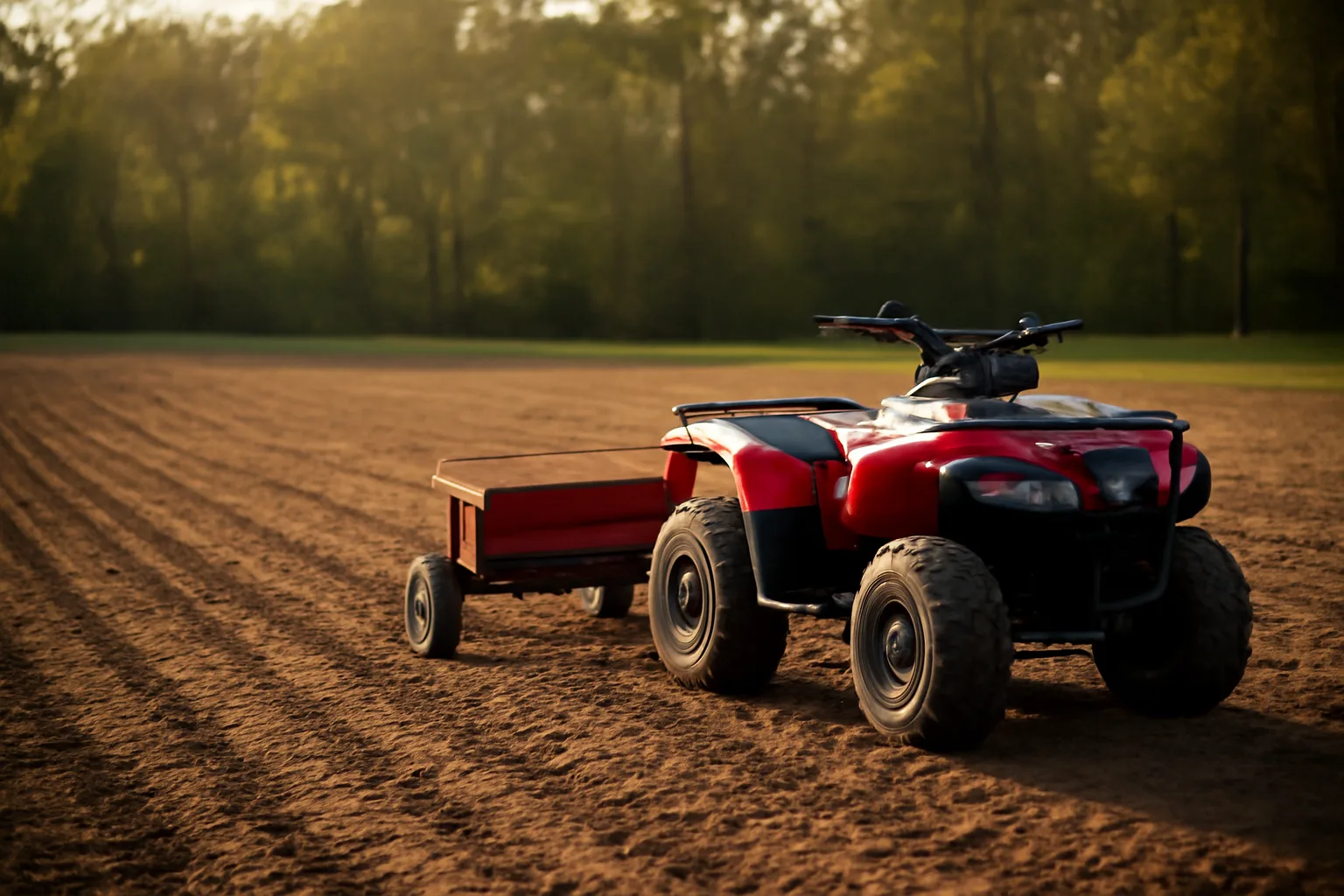 ATV food plot seeder attached behind ATV at edge of freshly tilled woodland plot