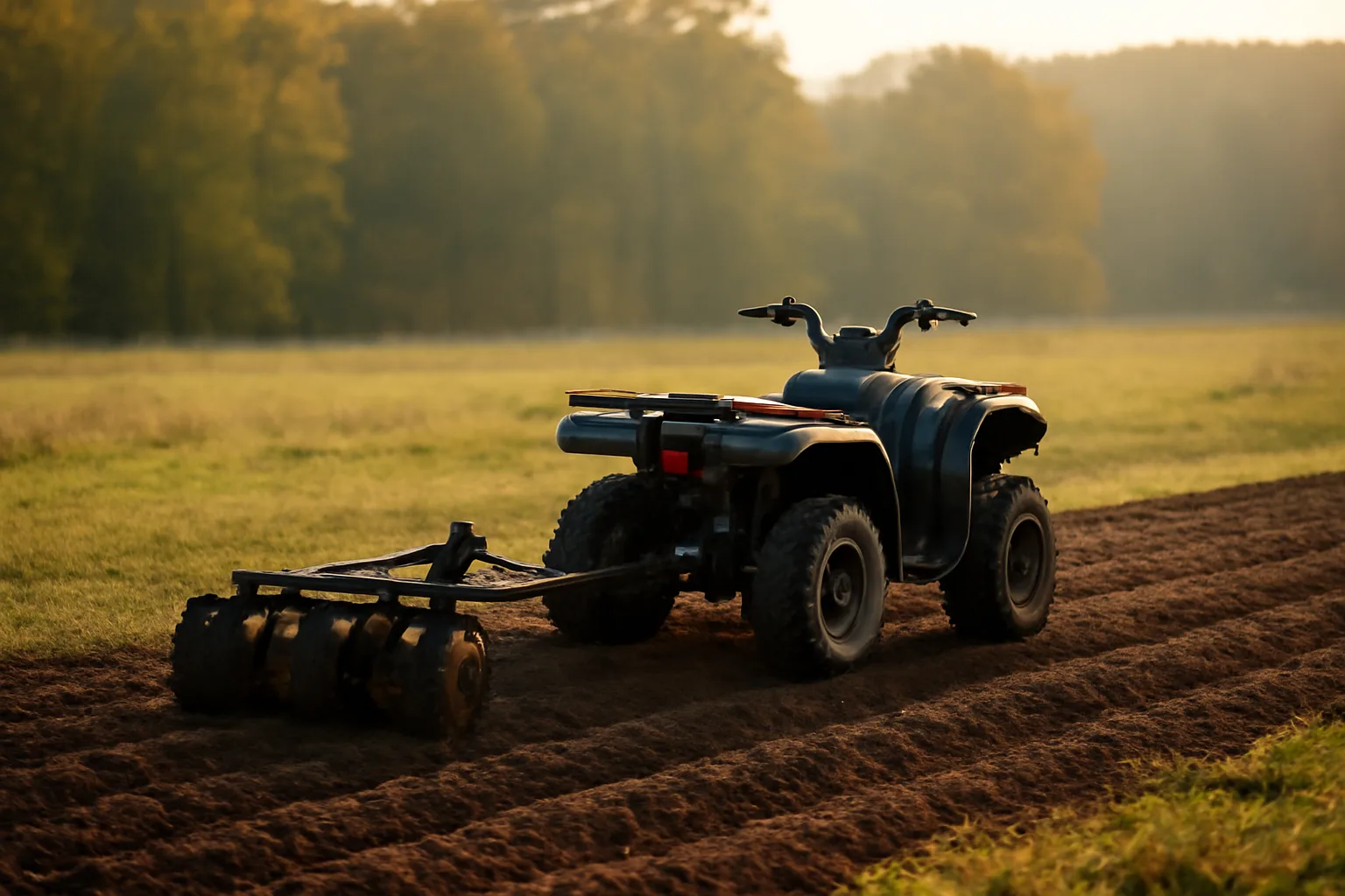 ATV pulling a disc harrow implement across a freshly turned food plot field