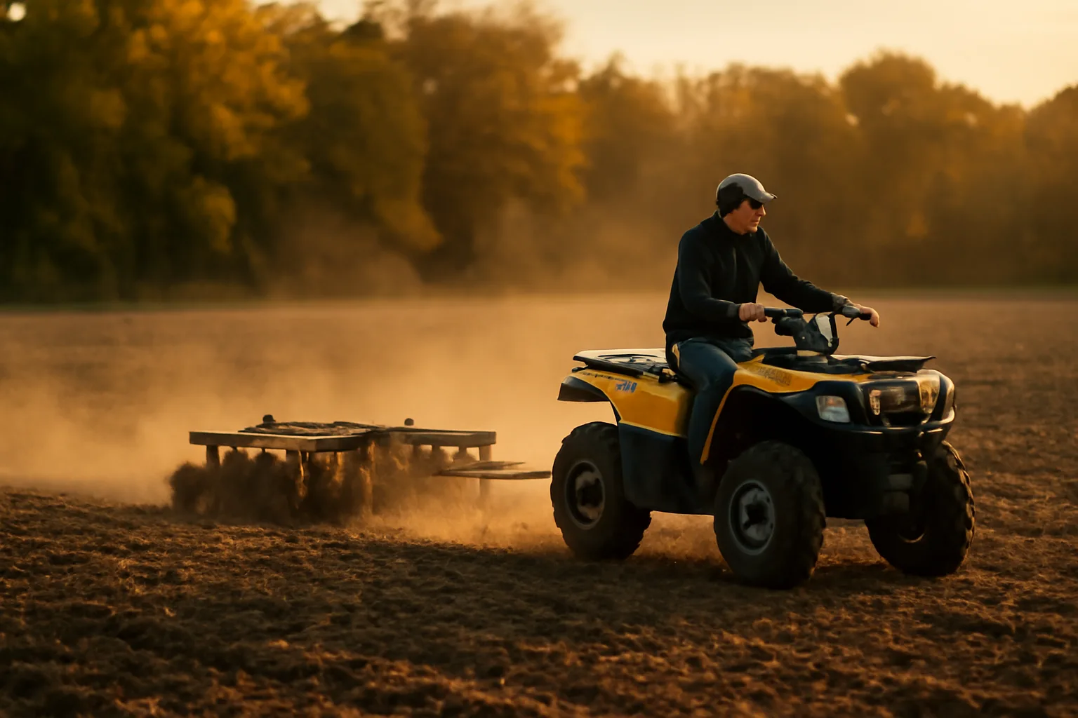 ATV pulling a disc harrow implement across a food plot field at dusk