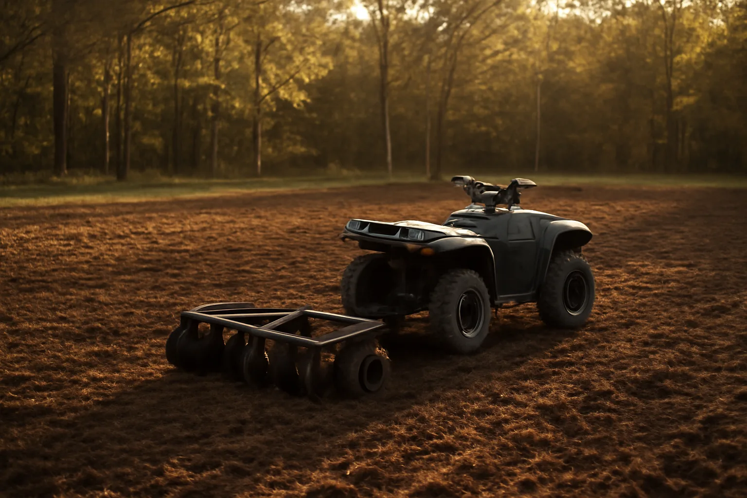 ATV pulling a disc harrow plow through a freshly worked food plot field