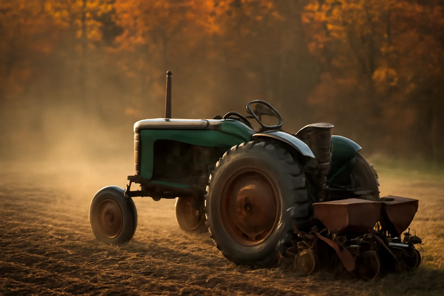 Two-row mechanical corn planter hitched to a tractor at the edge of a disked food plot