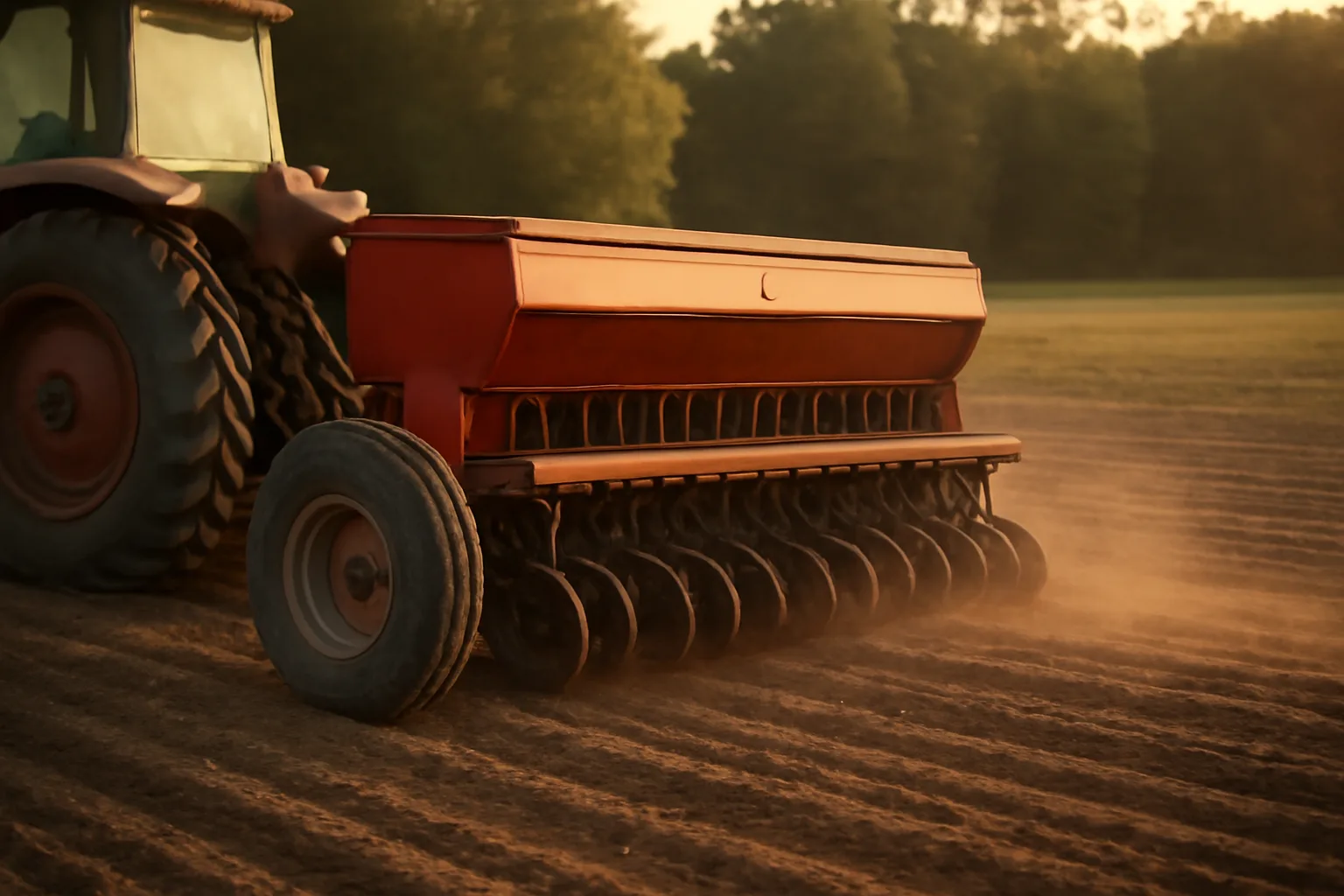 No-till food plot drill hitched to a tractor beside a freshly seeded field