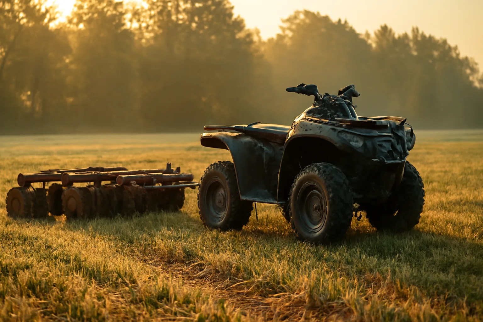 ATV pulling a disc harrow through a food plot field at dawn