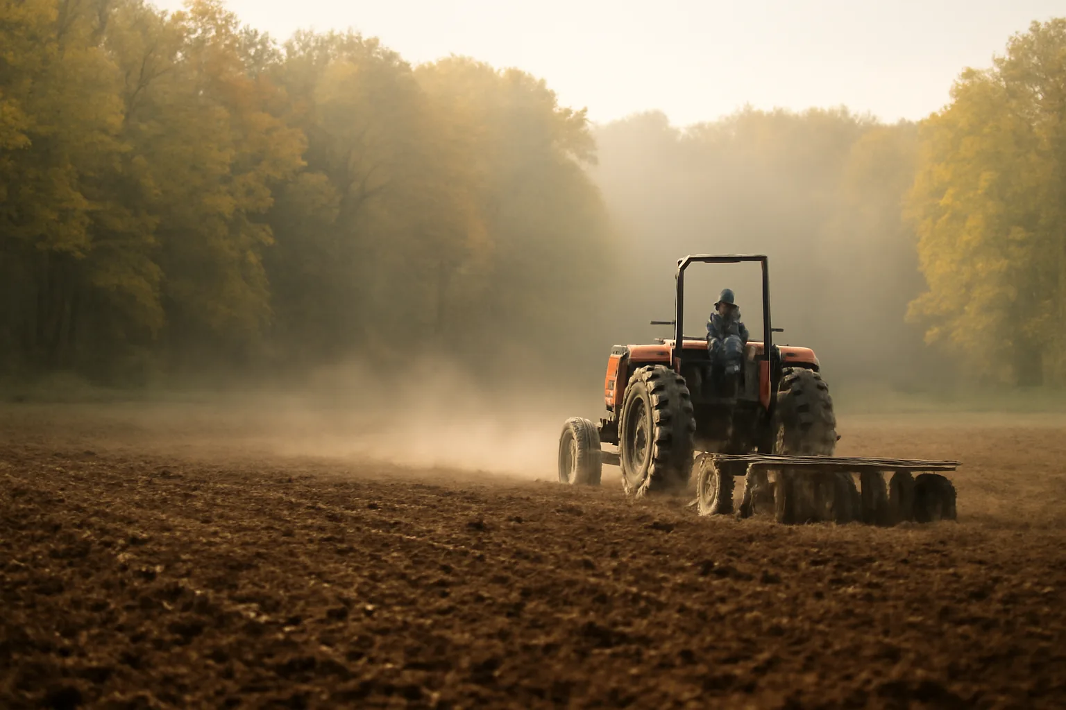 Tractor pulling a disc harrow across a freshly tilled food plot at dawn