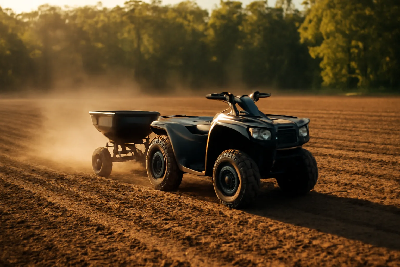 ATV pulling a broadcast seeder across a tilled deer food plot at dusk