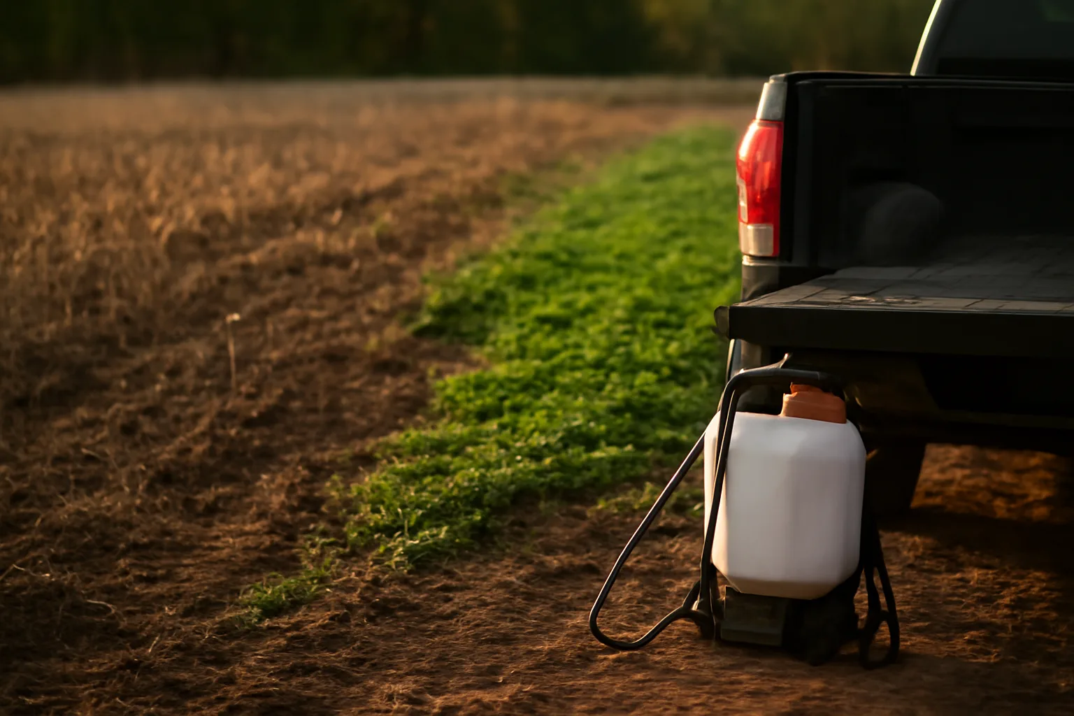 Backpack sprayer beside a food plot showing killed weeds next to green clover growth