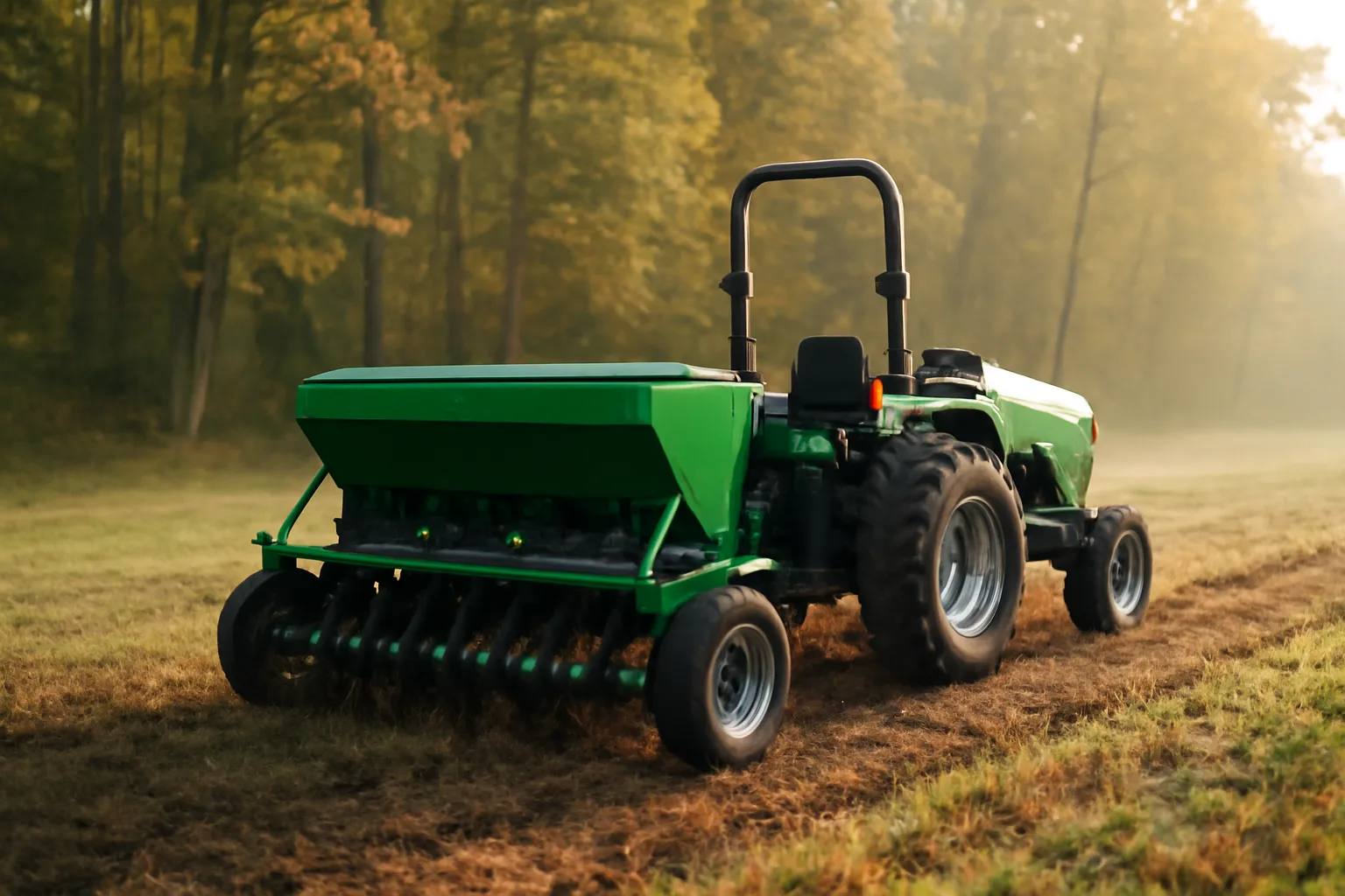 Compact tractor pulling a no-till drill across a food plot at sunrise