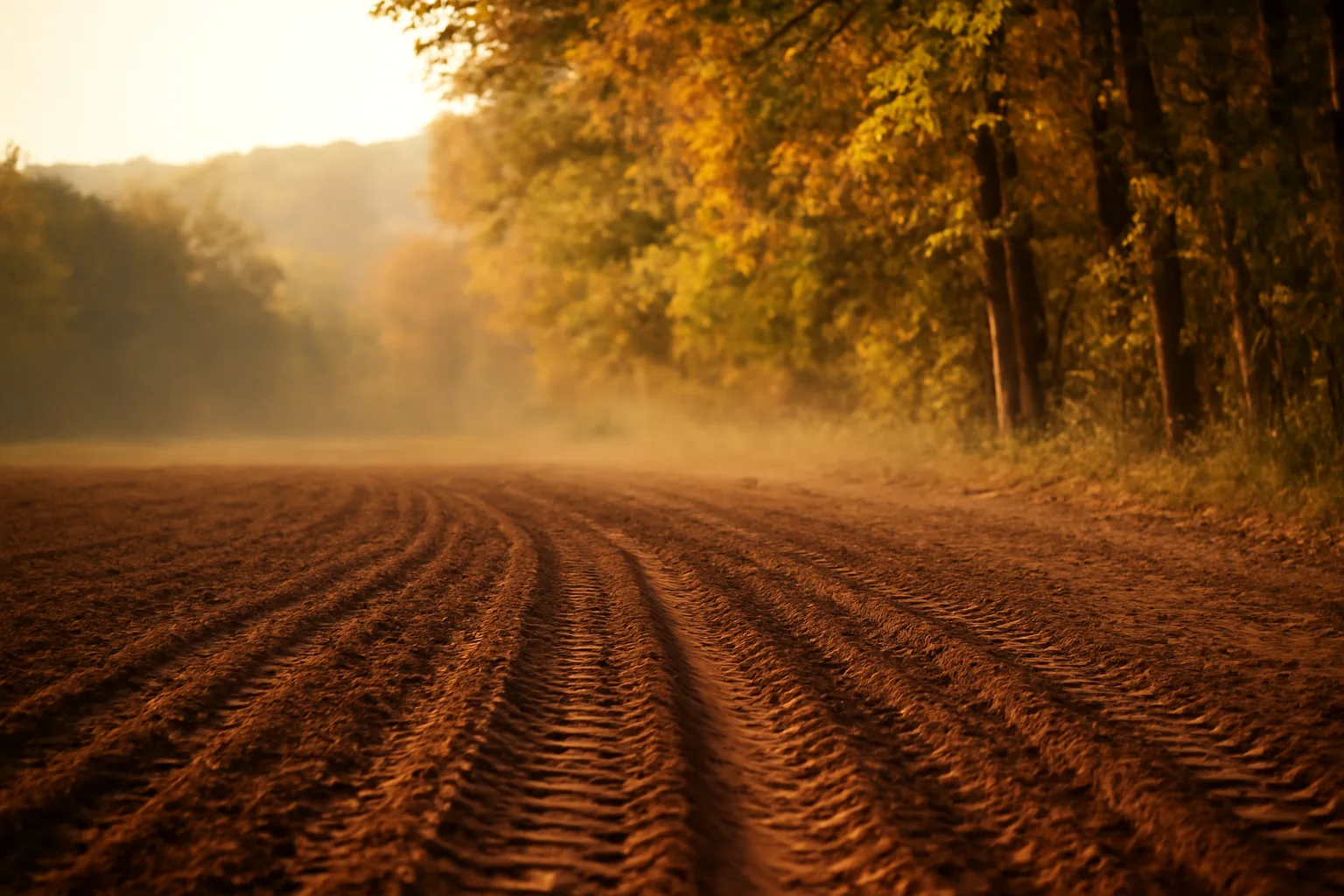Freshly tilled food plot soil at forest edge in late afternoon light