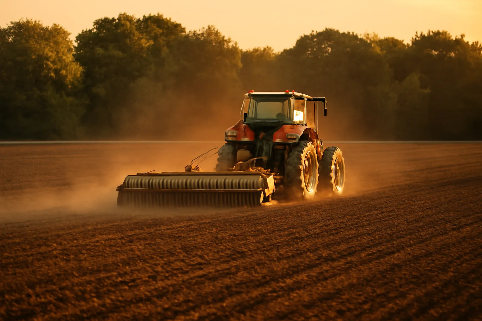 Tractor pulling a Brillion food plot seeder across a tilled field at sunset