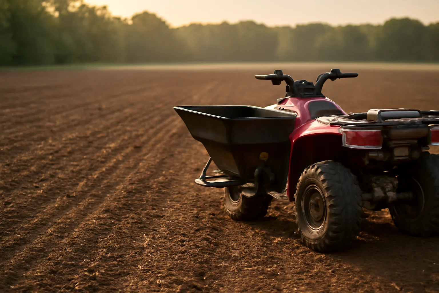 ATV spreader broadcasting soybean seed onto tilled food plot soil at dusk