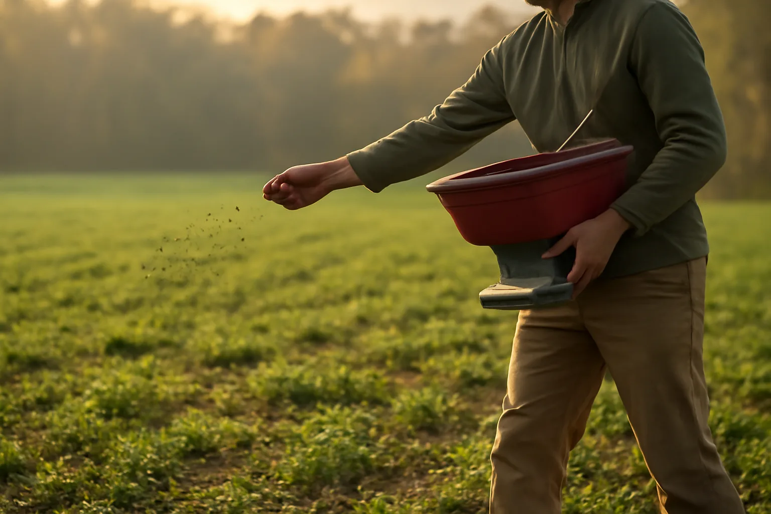 Hunter broadcasting seed by hand over a thinning green food plot at dusk
