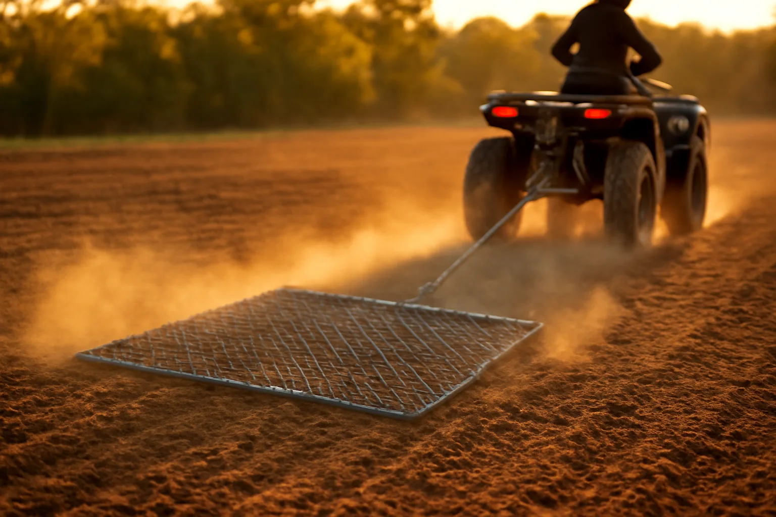 DIY food plot planter drag made from chain-link fence towed behind an ATV