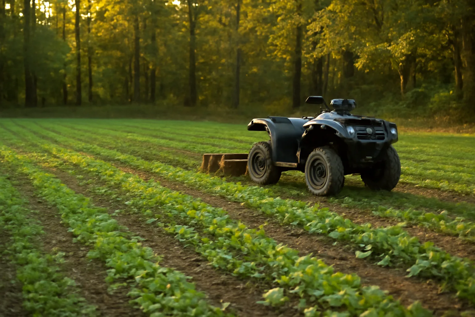 Freshly planted food plot clearing surrounded by autumn hardwood timber at dusk