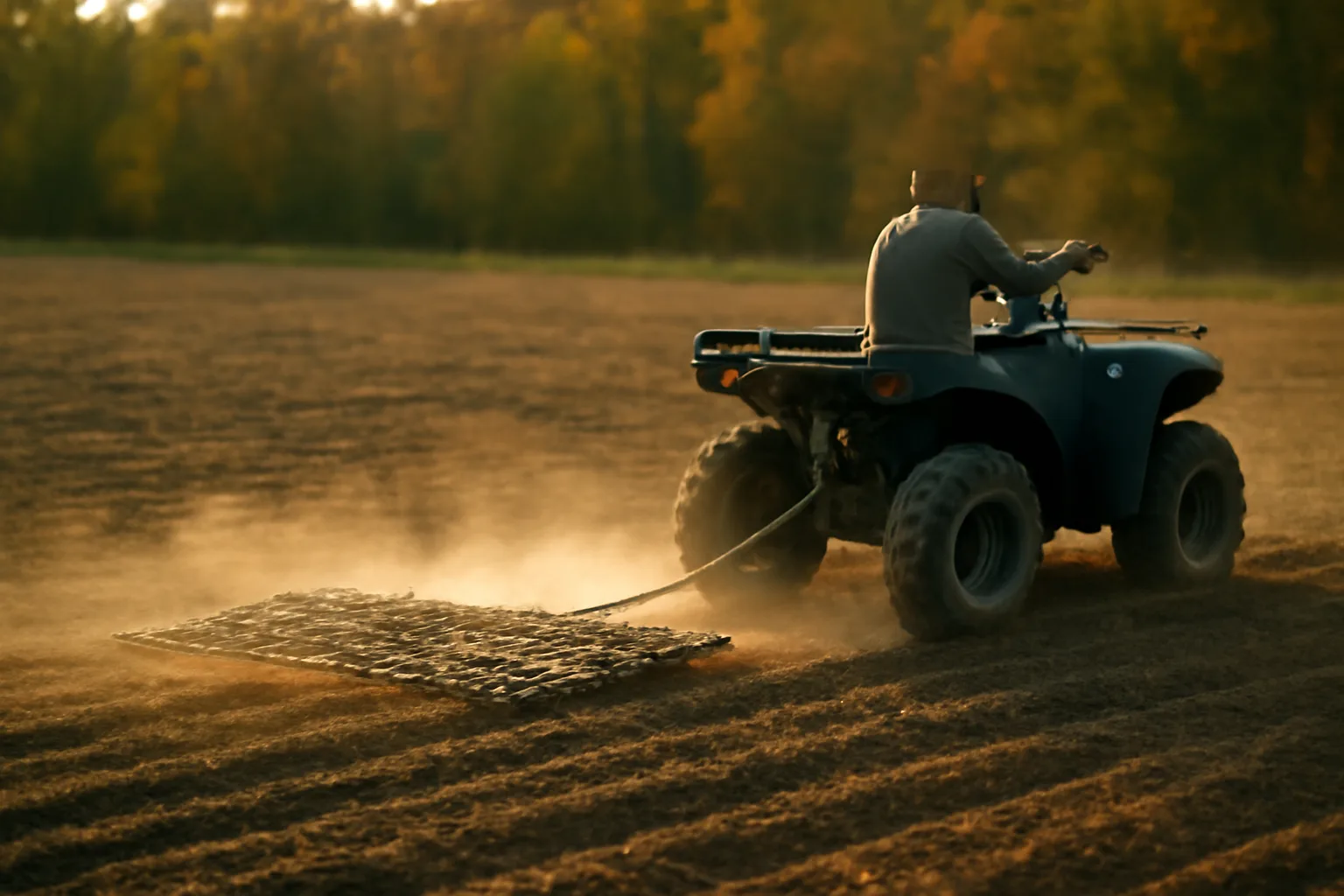 ATV towing a chain-link drag across a freshly disked food plot at dusk
