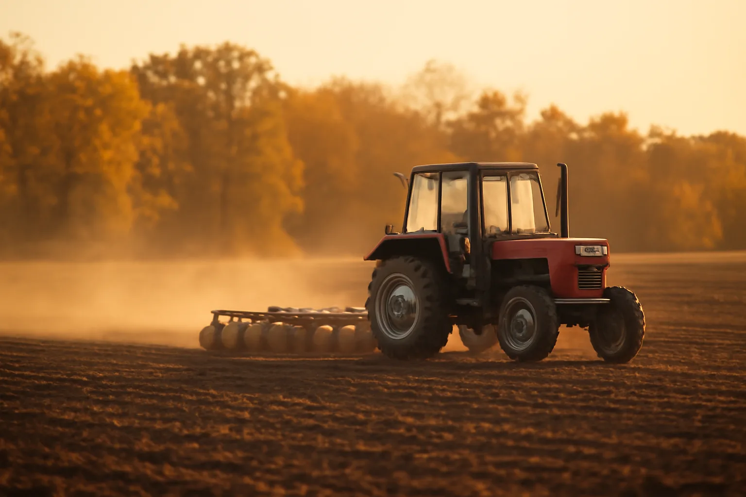 Tractor pulling a disc harrow across a food plot field at sunset
