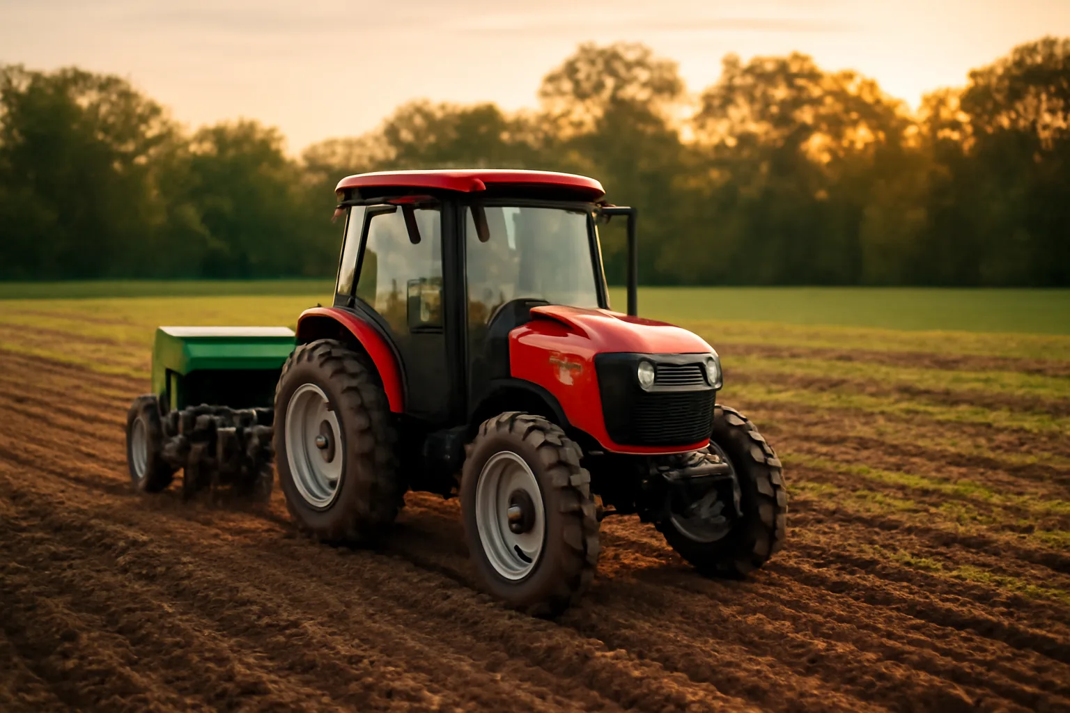 Tractor pulling a no-till food plot drill across a fall plot at sunset