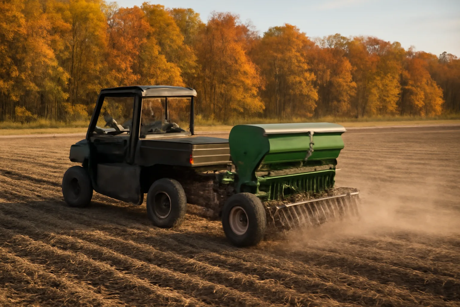 Compact no-till food plot drill planter hitched behind a UTV in a cleared plot