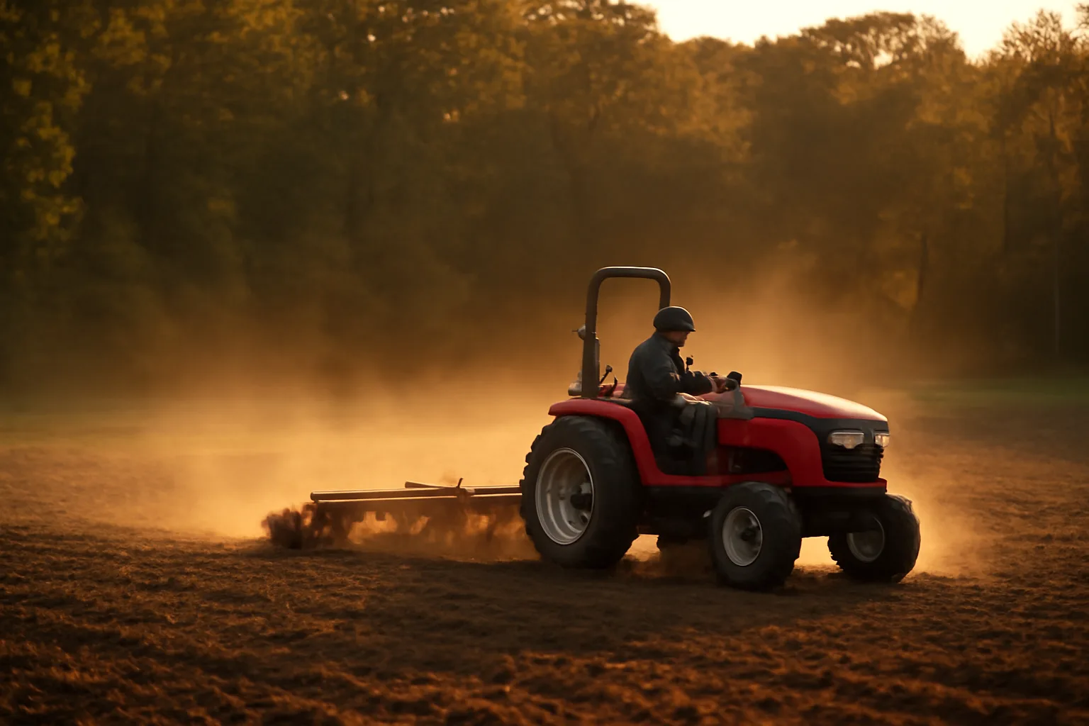 Compact tractor tilling a forest food plot at sunset with a disc harrow