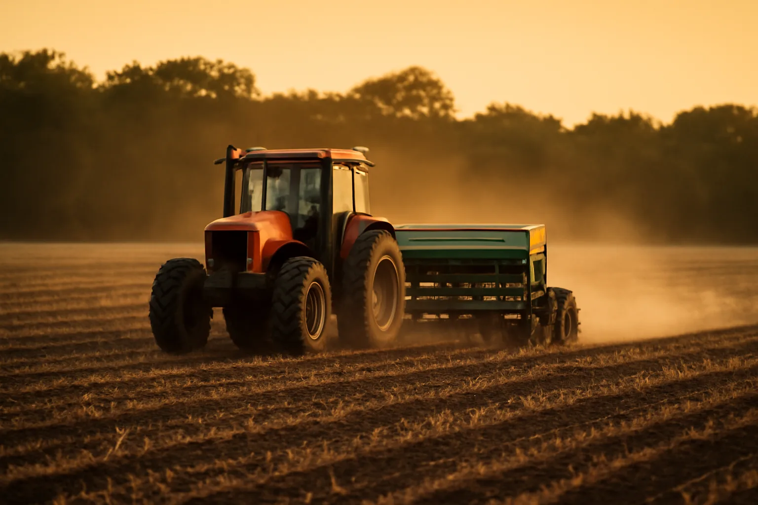 Tractor pulling a no till drill through a food plot field at dusk
