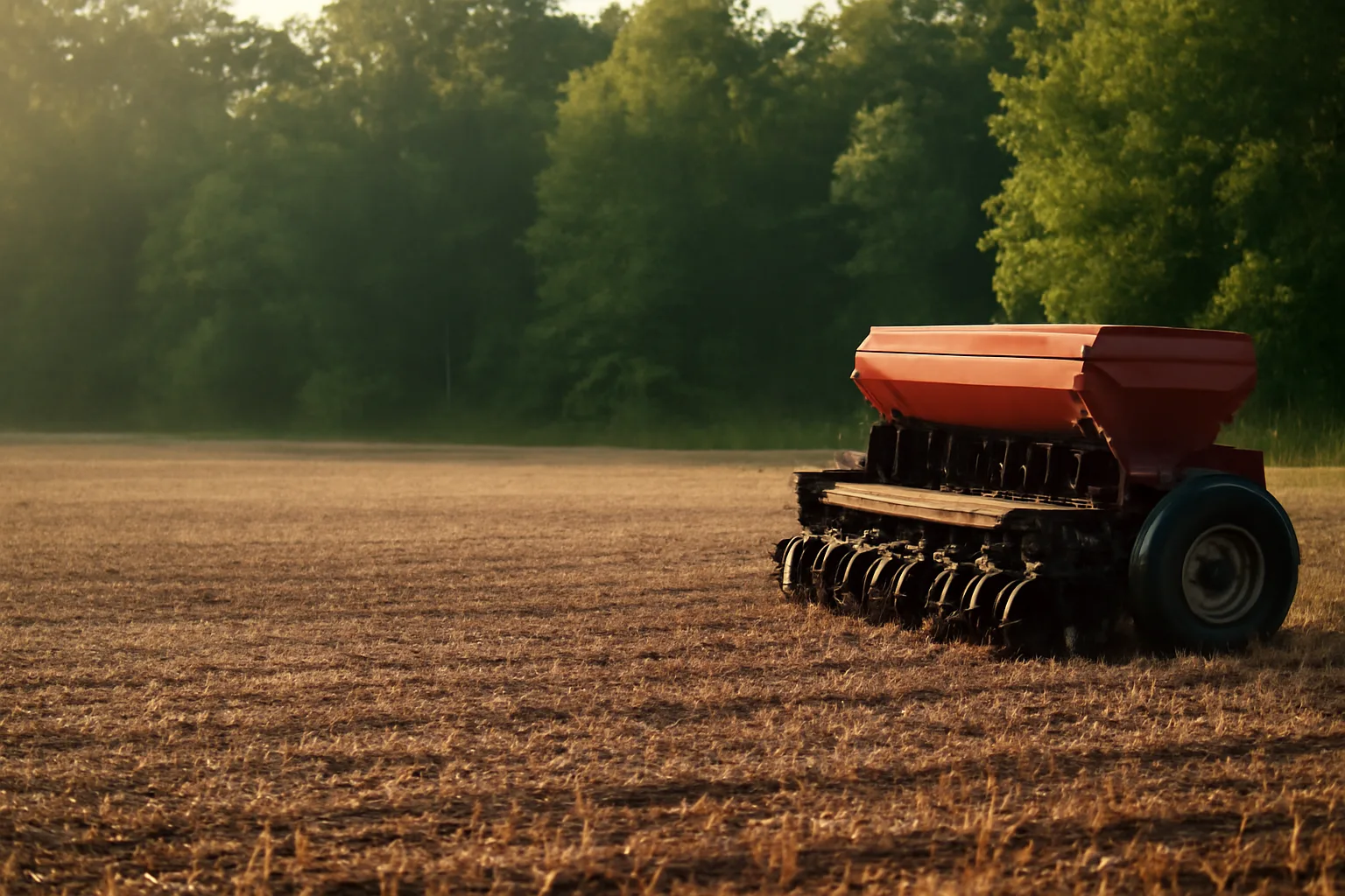 No-till drill parked beside a sprayed-out food plot at field edge