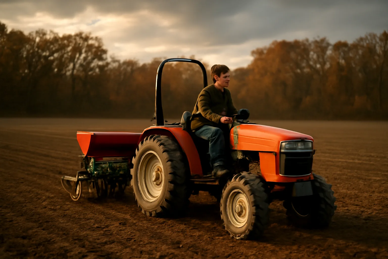 Compact tractor pulling a 3-point food plot planter across a tilled field