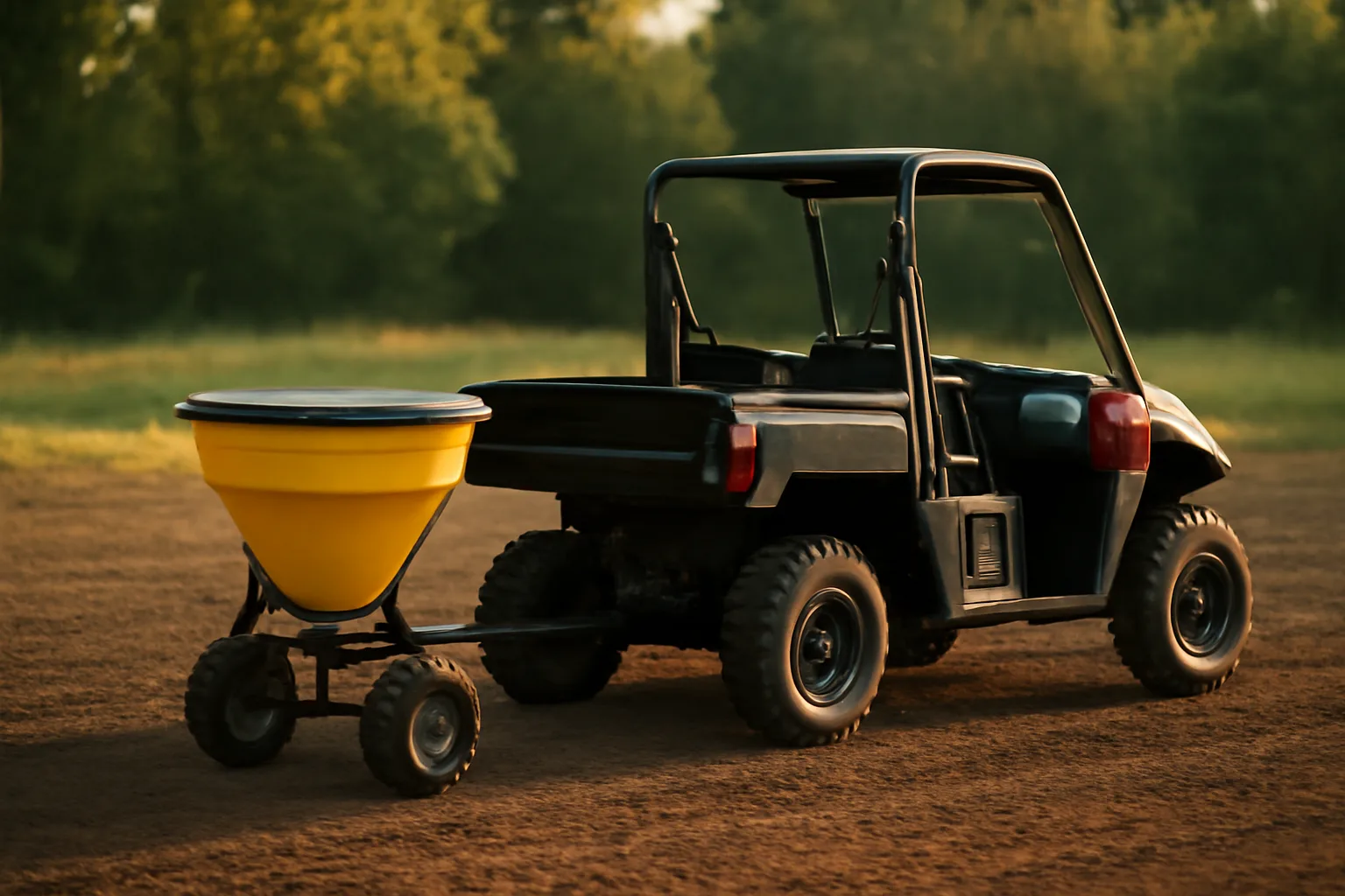Tow-behind food plot planter hitched to a UTV on a freshly worked field