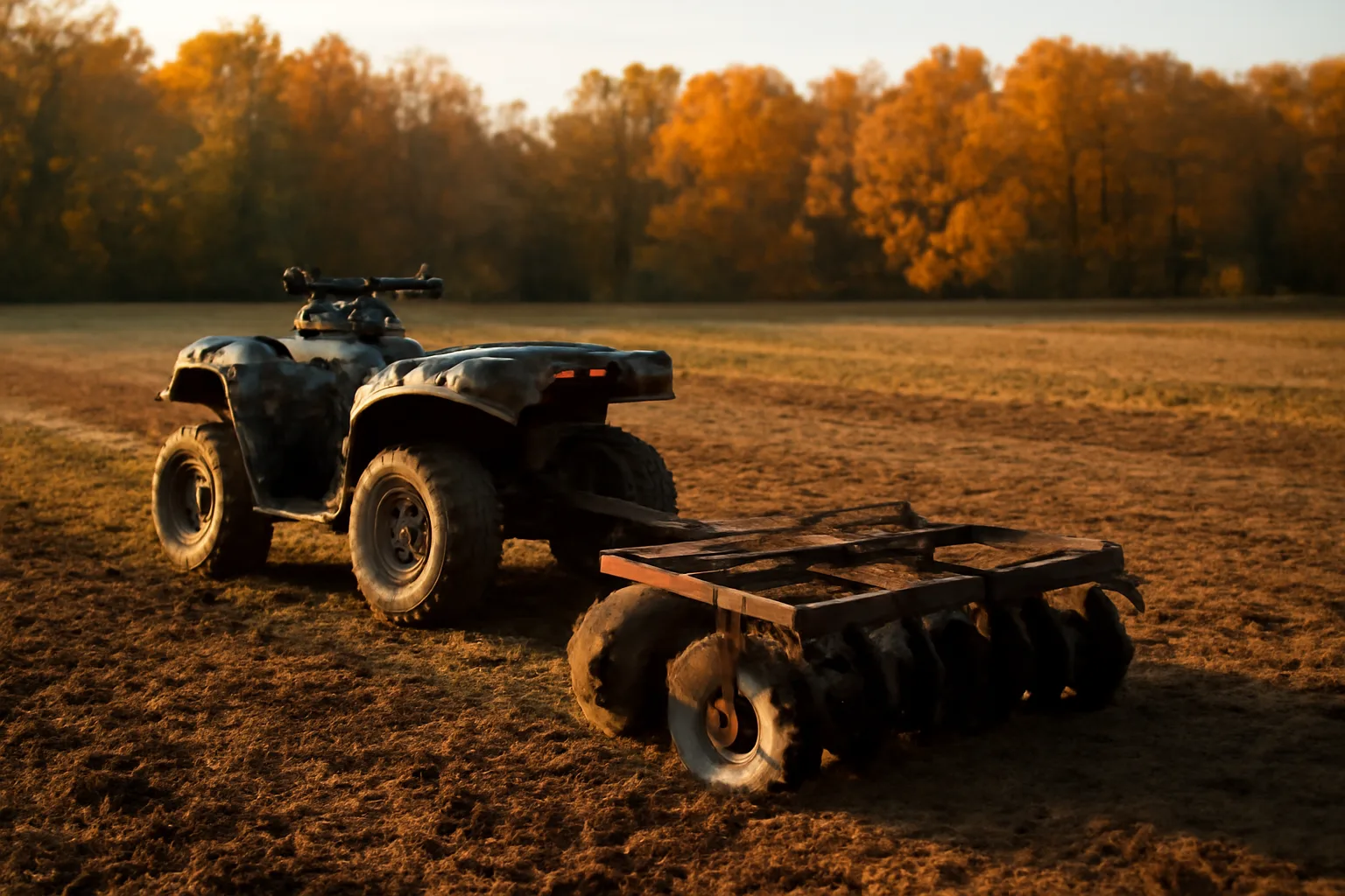 ATV towing a disc harrow beside a freshly tilled food plot at dusk
