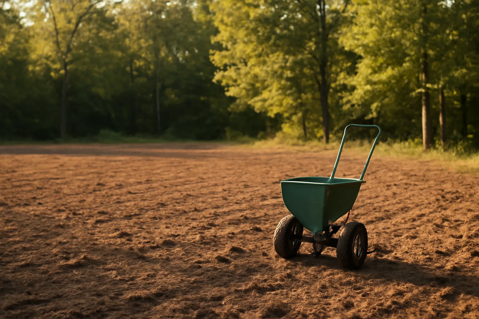 Freshly tilled food plot clearing in hardwoods ready for seeding at dusk