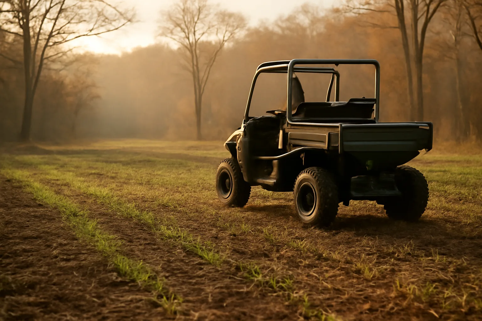 UTV broadcast spreader seeding a no-till food plot edge at dusk