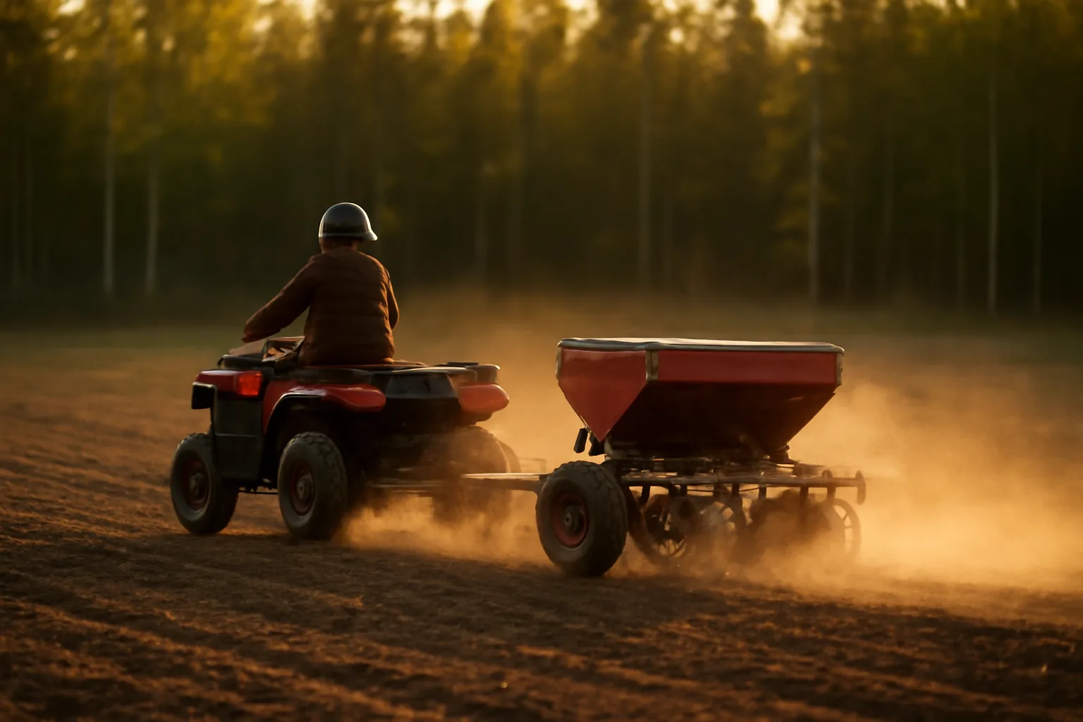 ATV pulling a compact food plot planter across freshly worked soil at dusk
