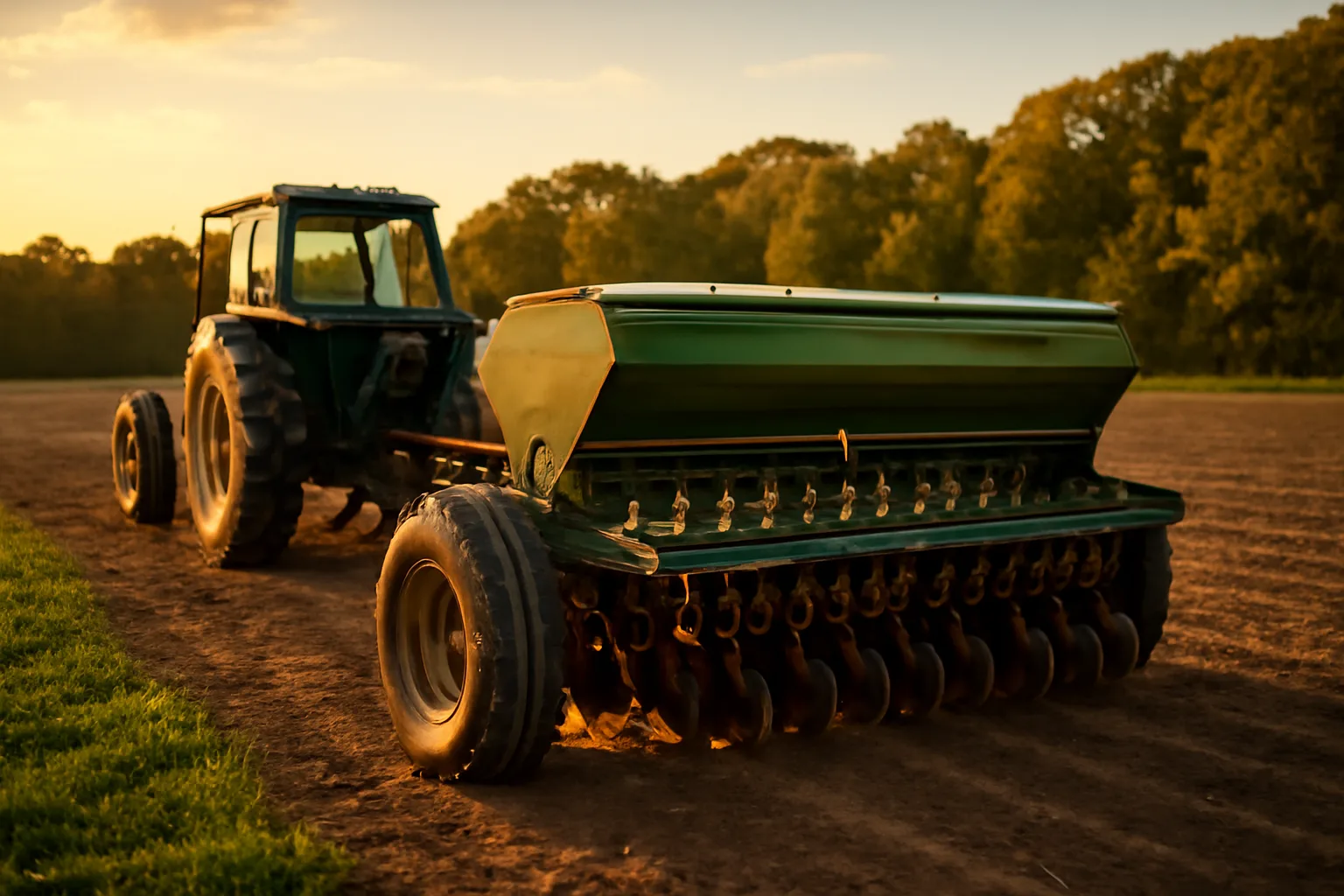 Grain drill hitched to a tractor at the edge of a tilled food plot field