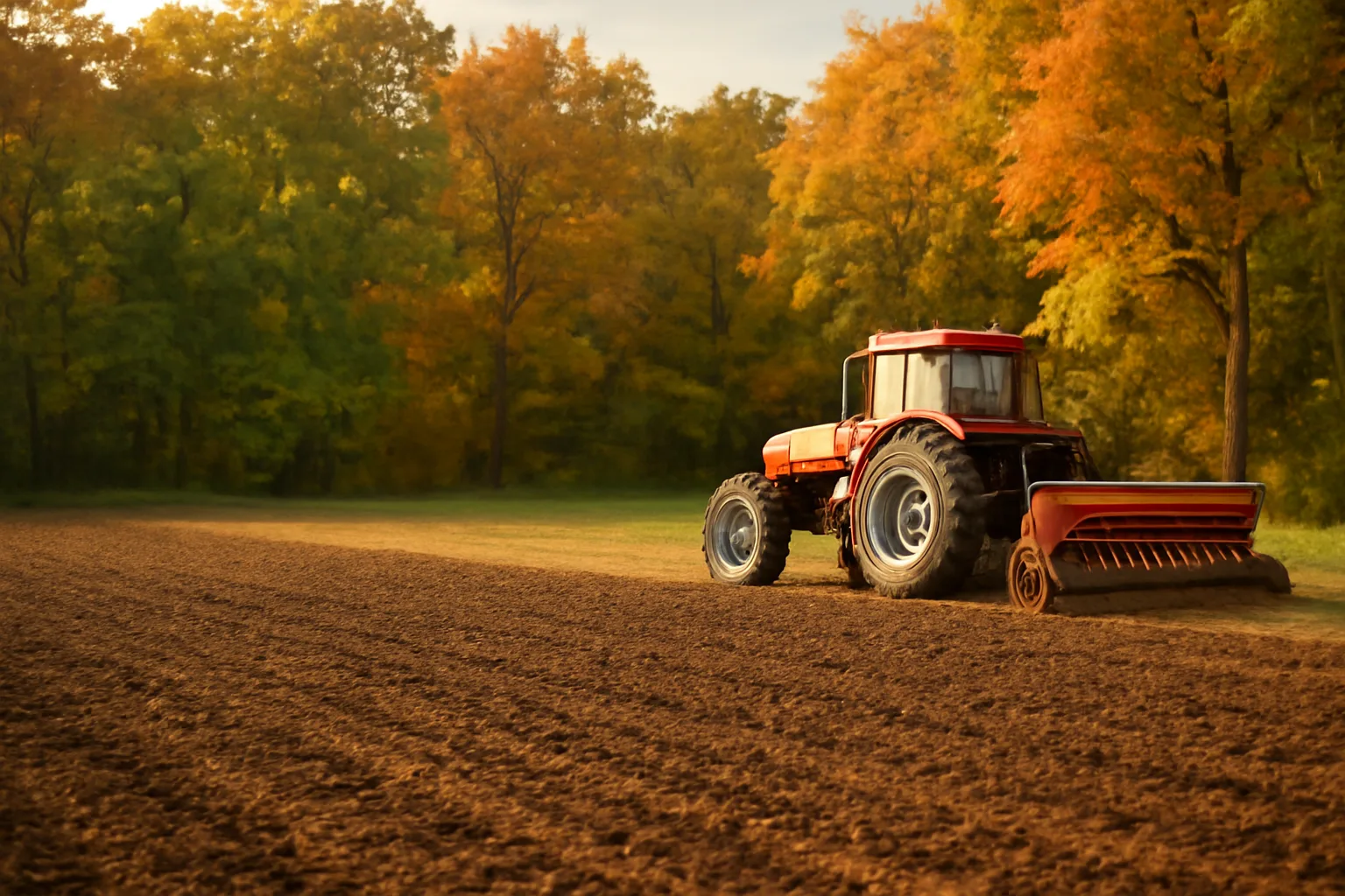 Tractor and grain drill parked beside a freshly planted deer food plot in fall