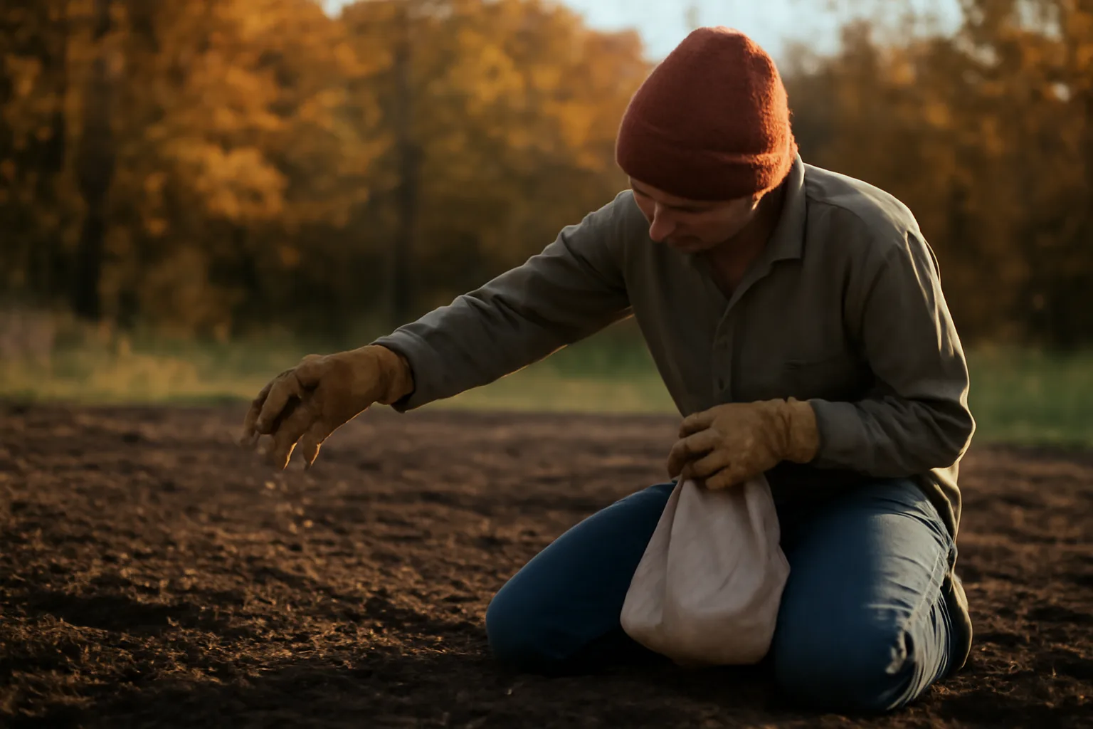 hunter hand-broadcasting seed across a small cleared food plot at dusk