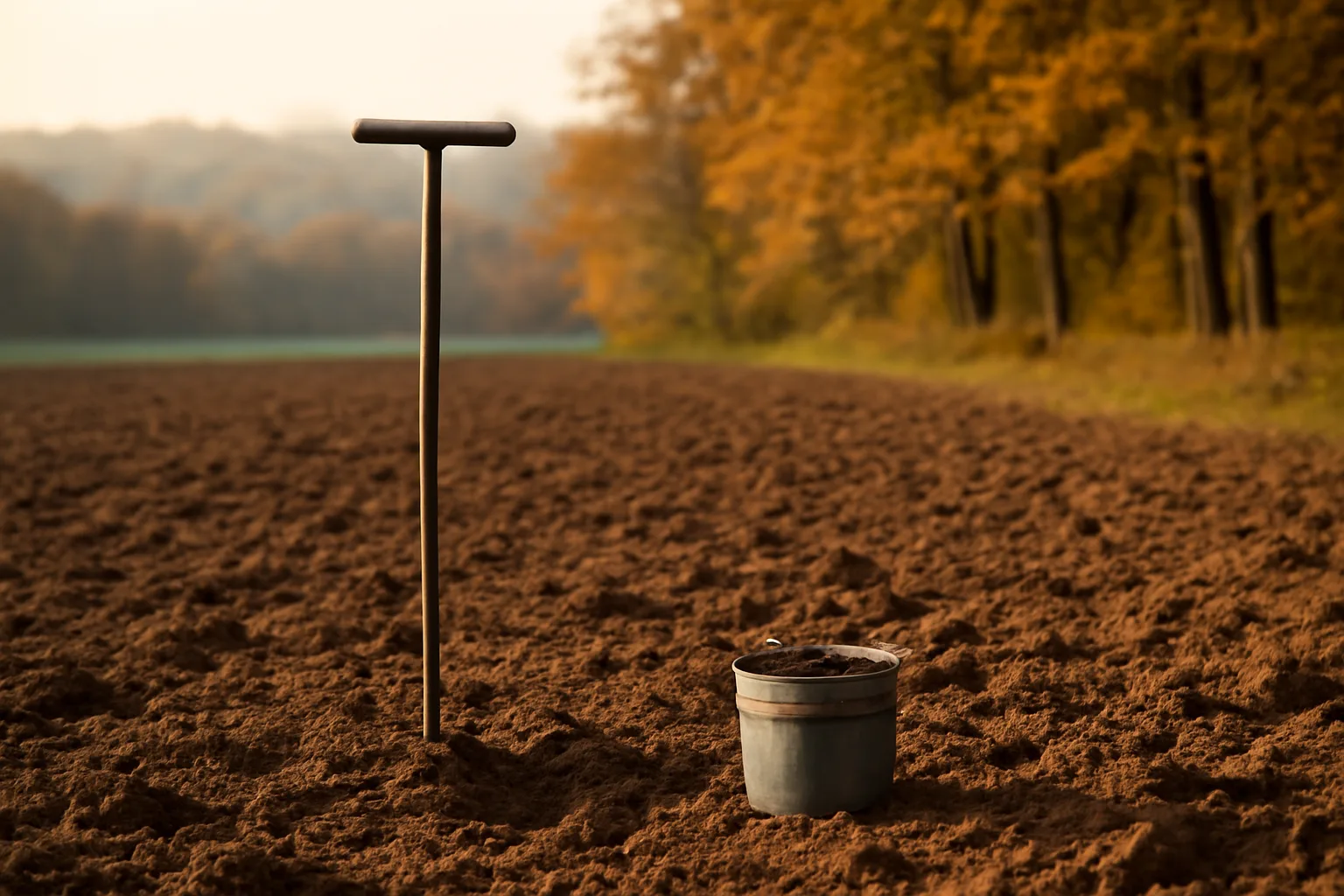 Freshly tilled food plot field edge with soil sample bucket at golden hour