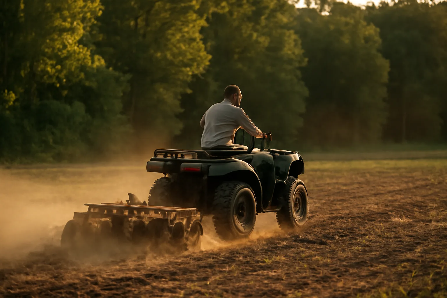 ATV pulling a disk harrow through a small woodland food plot clearing