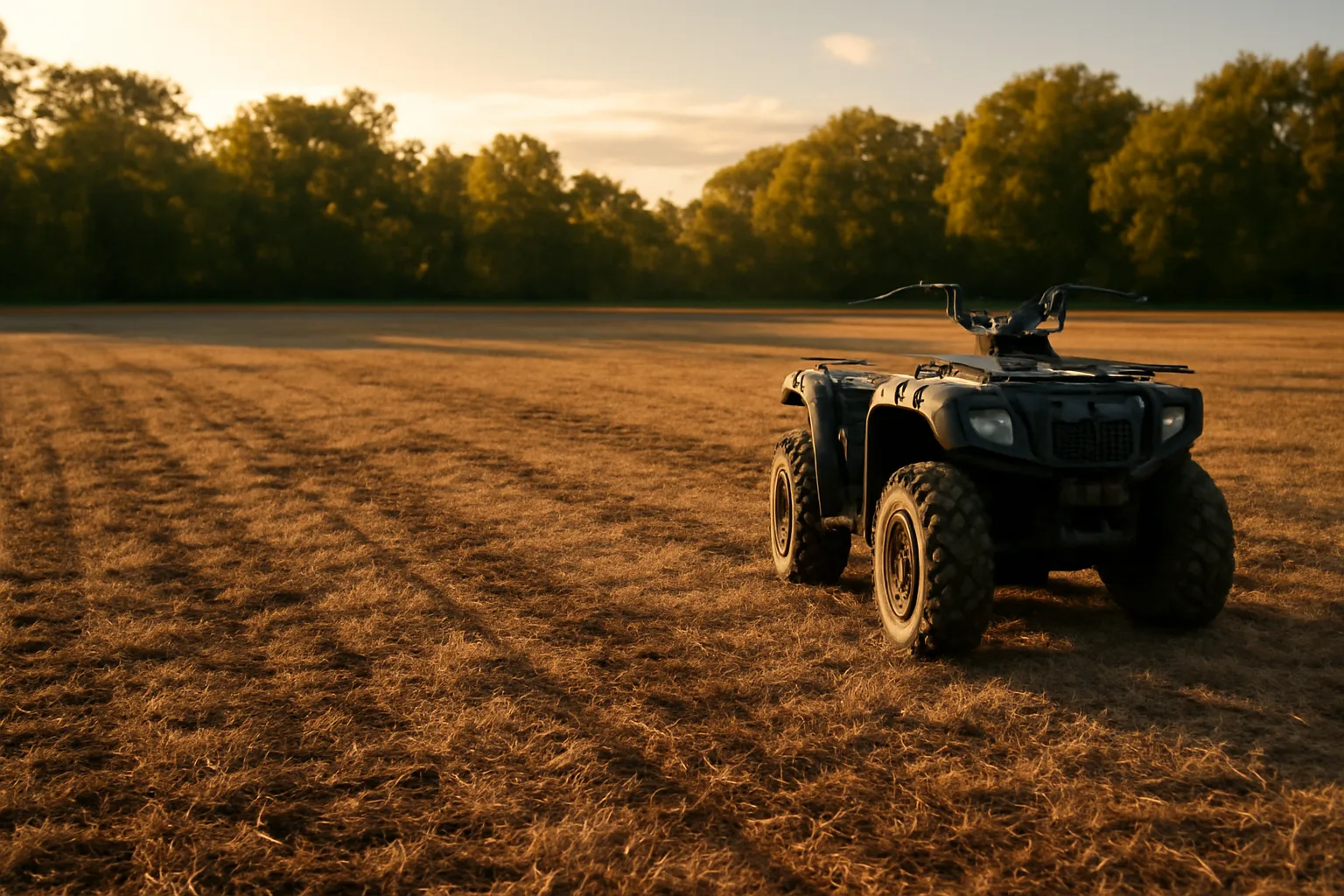 No-till food plot seedbed with dead thatch and drag marks in late afternoon light