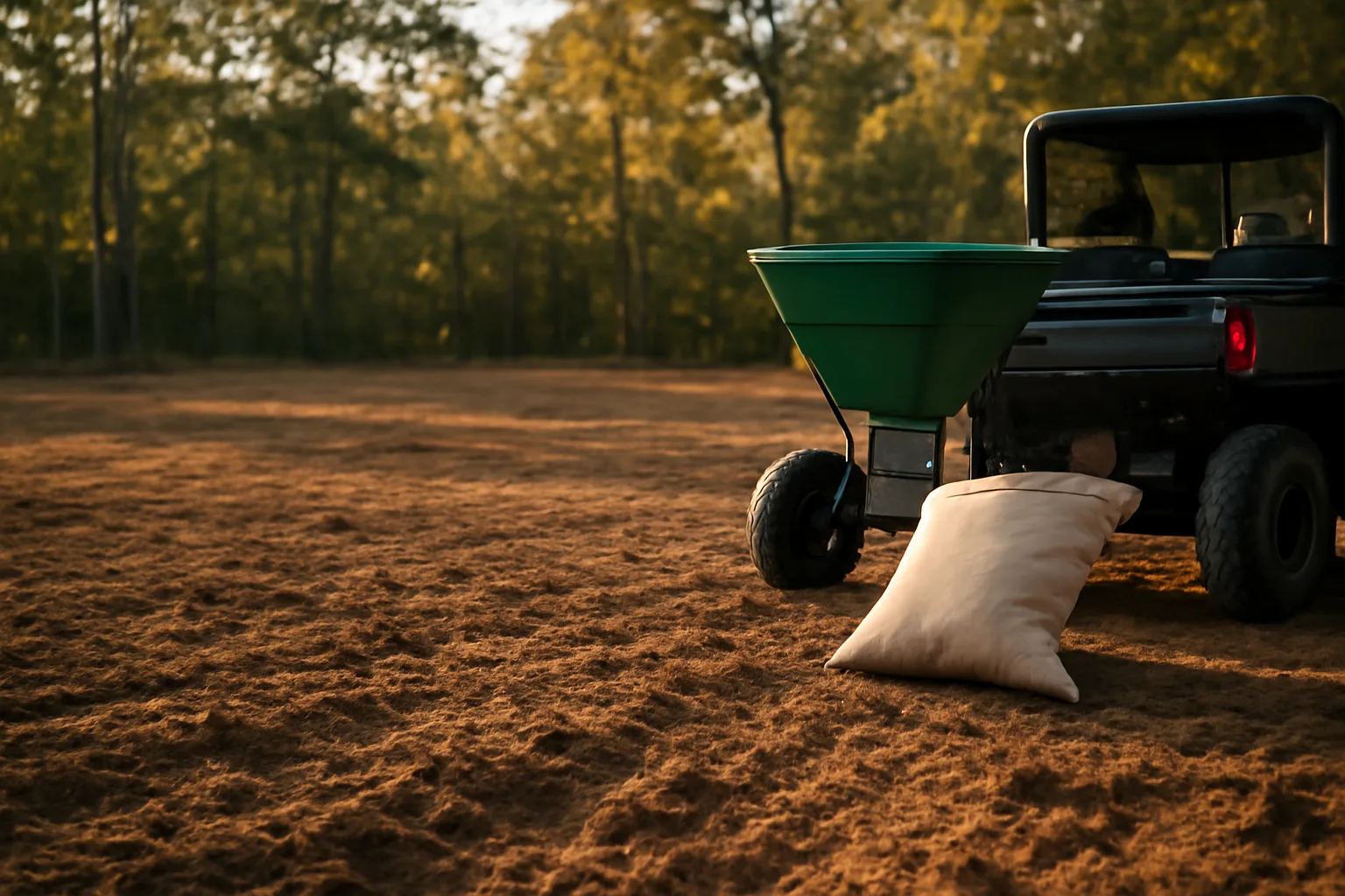 Freshly tilled food plot clearing in the woods at golden hour with a seed spreader on an ATV