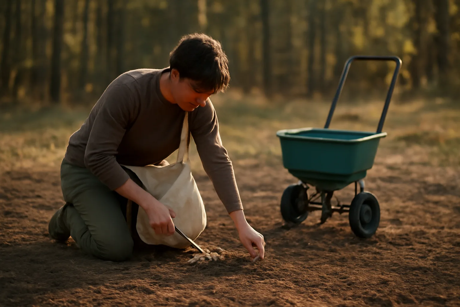 Hunter hand-raking a small forest food plot before broadcasting seed