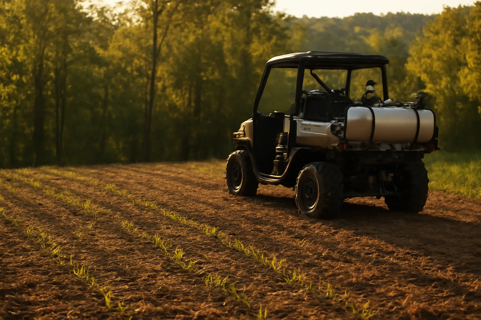 No-till food plot with green seedlings emerging through dead residue near timber edge