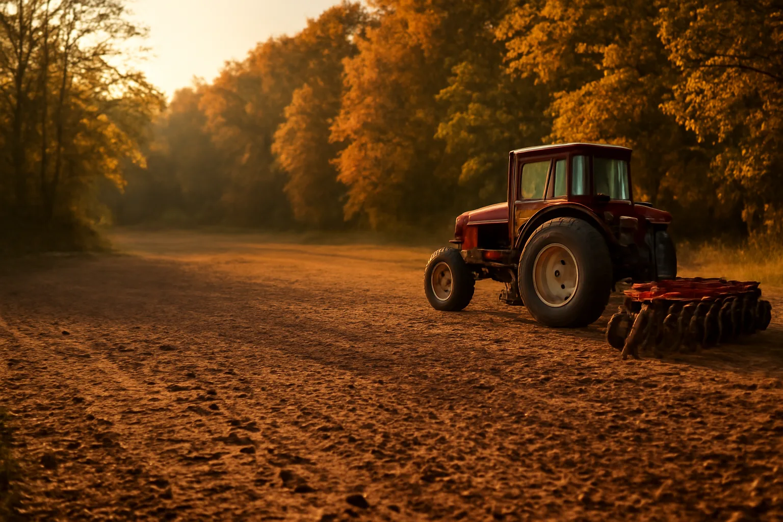 Freshly tilled food plot clearing in a wooded deer hunting property at sunset