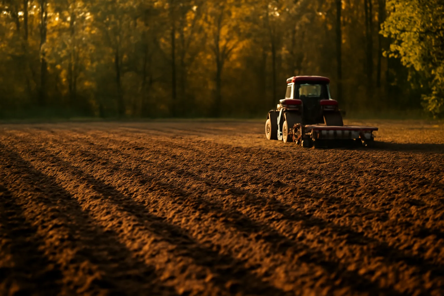 Tractor disc harrow tilling a food plot clearing at forest edge in late afternoon light
