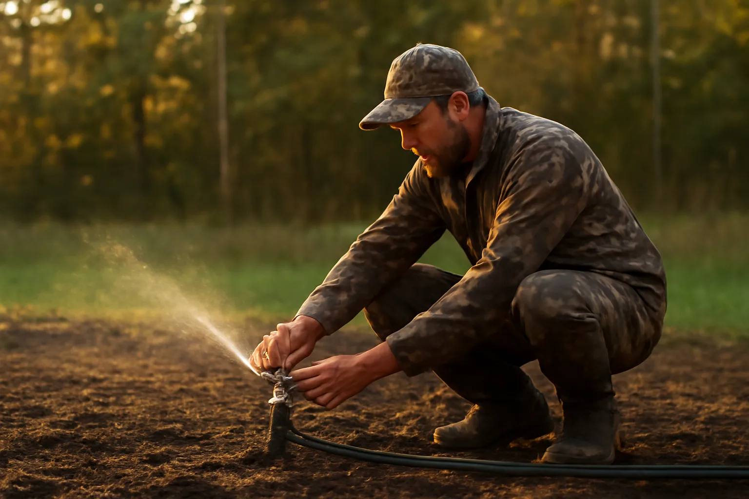 Hunter watering a freshly planted food plot with a sprinkler at dusk