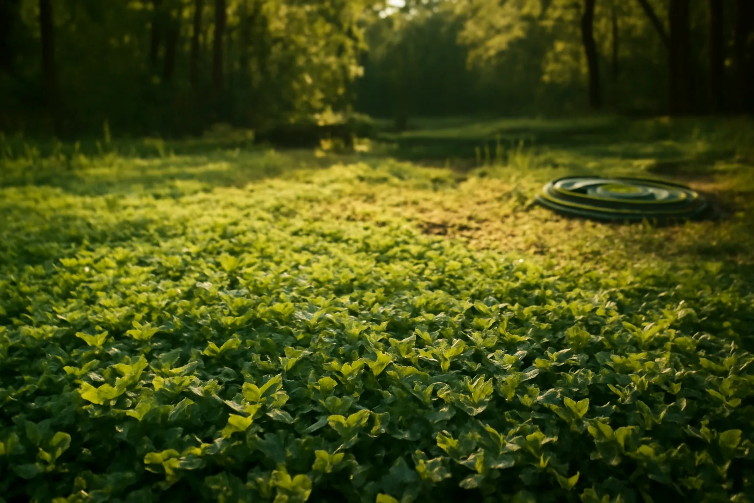 Food plot clearing with dew on clover and a hose near a pond