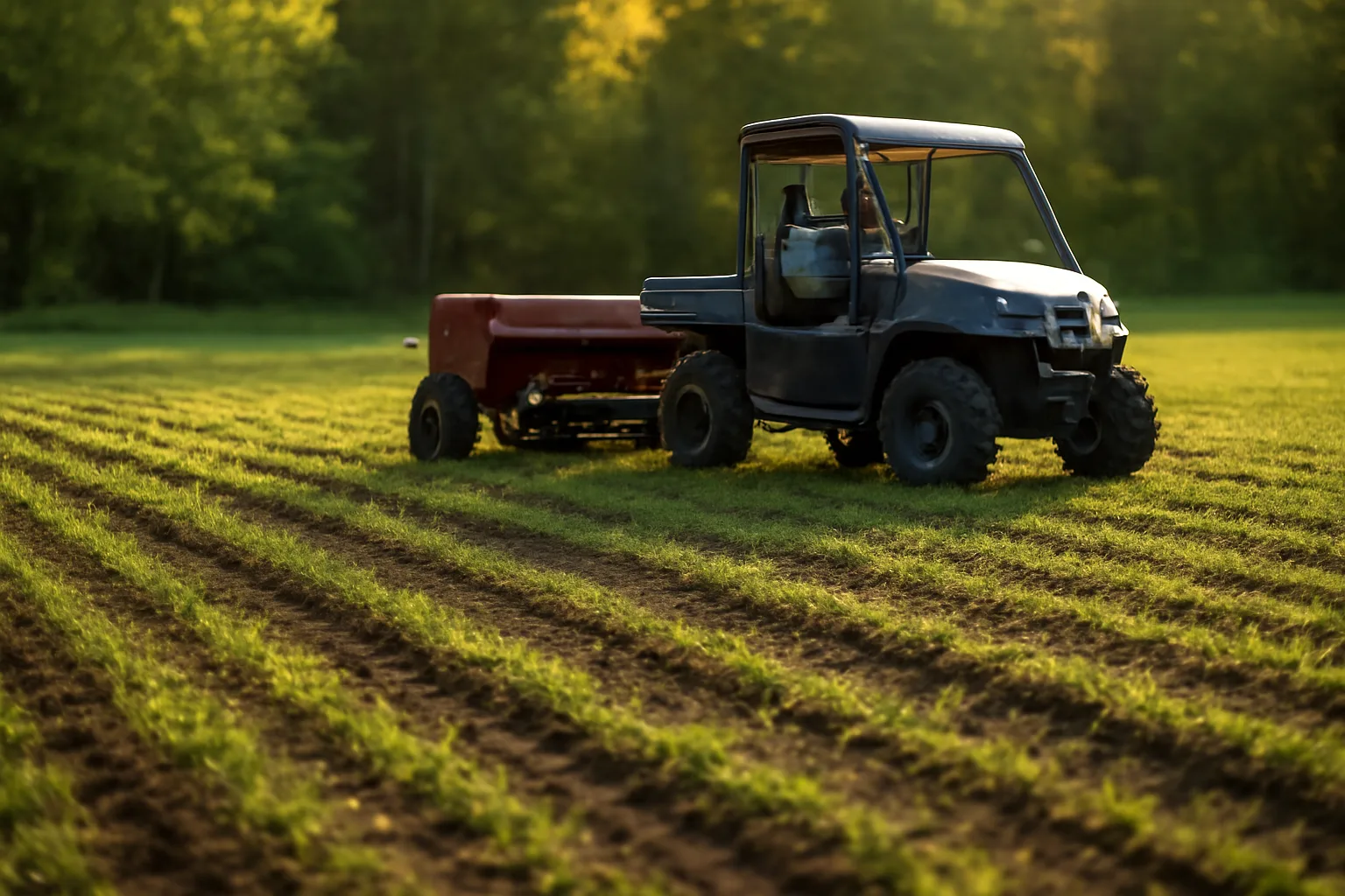 No-till food plot seeder pulled behind a UTV across a partially planted field