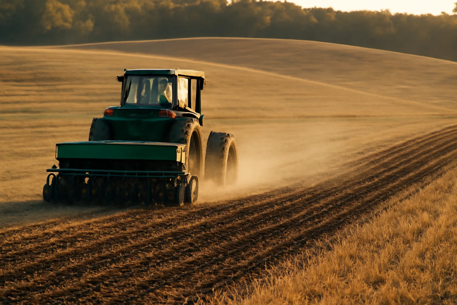 No-till planter cutting seed rows through stubble on a hillside food plot