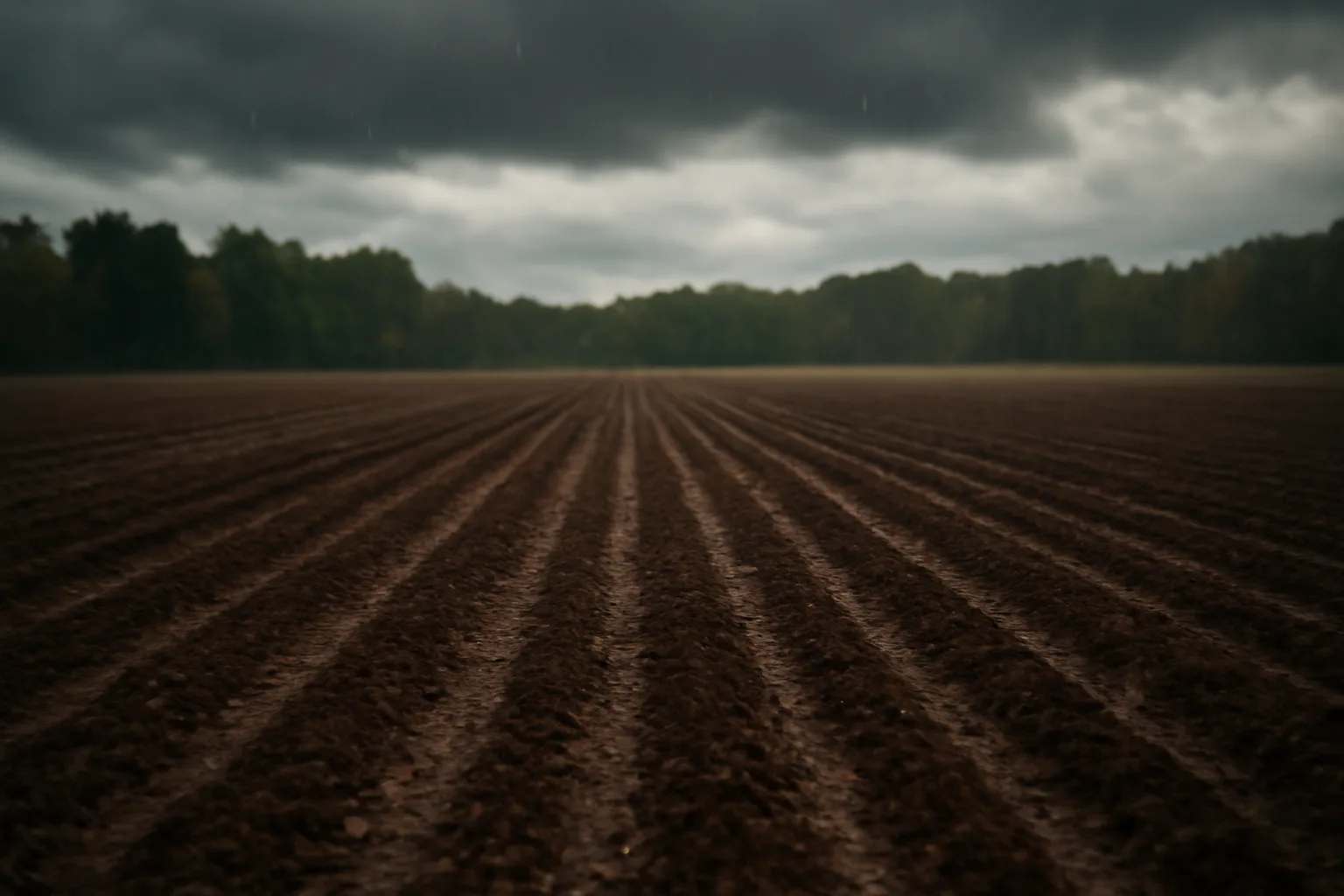 Freshly planted food plot field under gathering rain clouds with dark wet soil