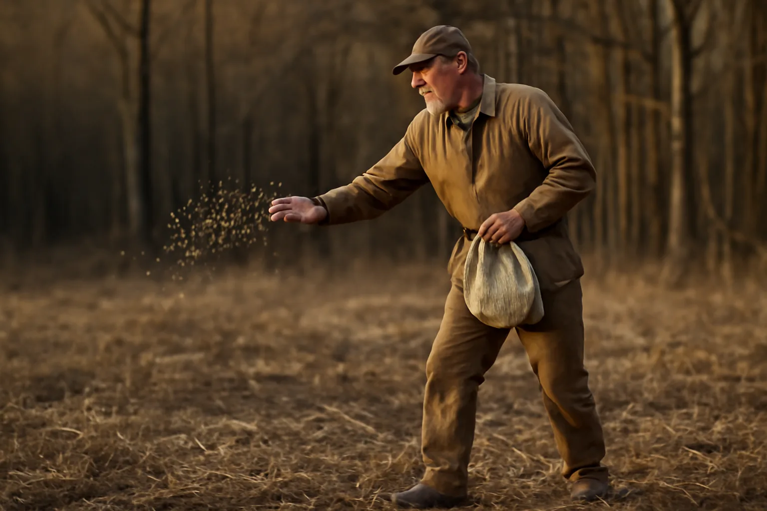Hunter hand-broadcasting seed across a small food plot near timber edge