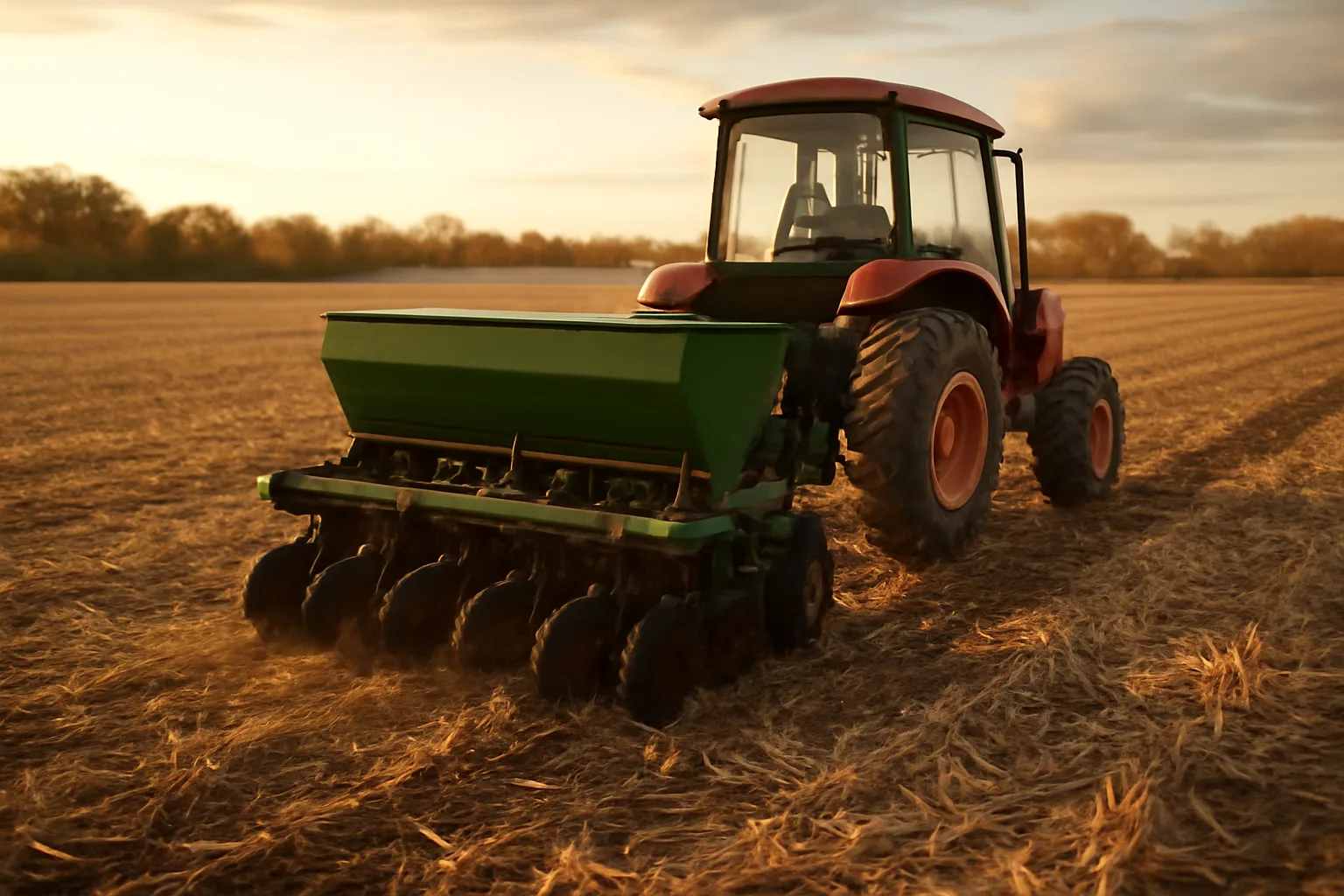 No-till drill planting a food plot into dead residue at golden hour