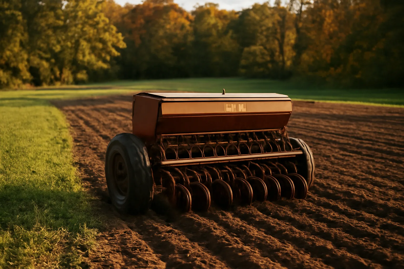 Pull-behind food plot planter parked in a freshly seeded field row at dusk